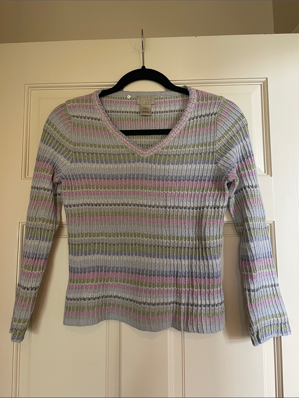 Sigrid Olsen Striped V-Neck Sweater in Pastel Pink, Green, Blue, and Pale Gray
